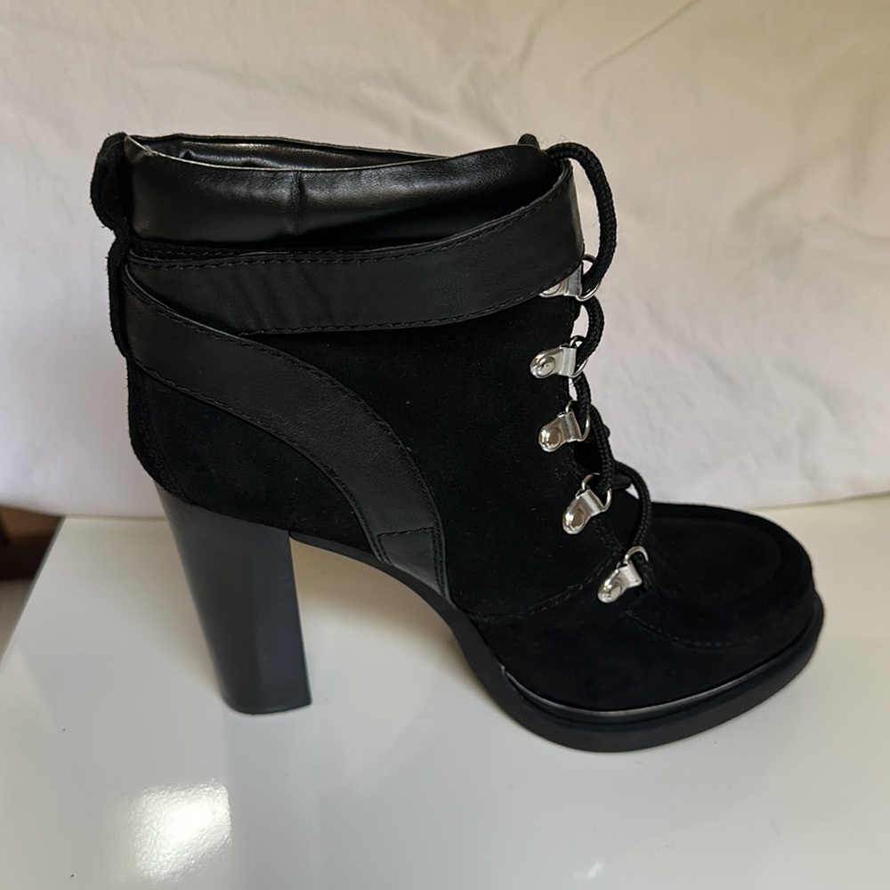 NWOT Gorgeous Suede Heeled Booties with Buckle (Lace up) Never-Worn (too high!)